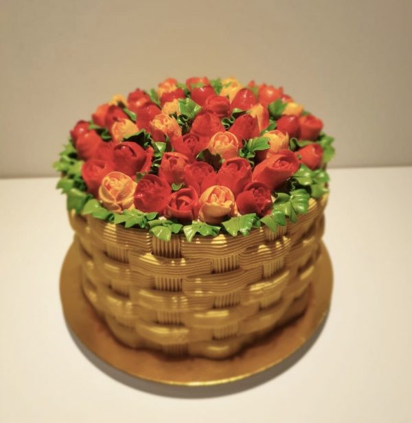 birthday cake of piped tulips in basket